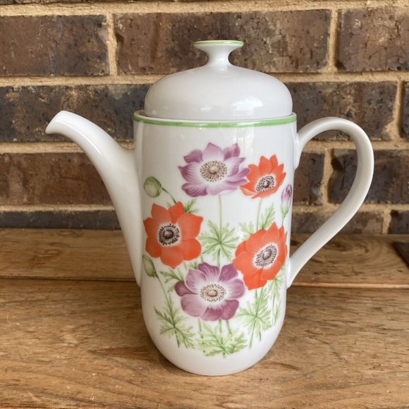 VTG Norleans Japan Poppies Chocolate Pot Teapot Spring Floral - Picture 1 of 11